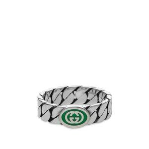 NEW GUCCI INTERLOCKING RING SILVER GG LOGO GREEN Chain Sz 13 IT 6.5 US Enamel